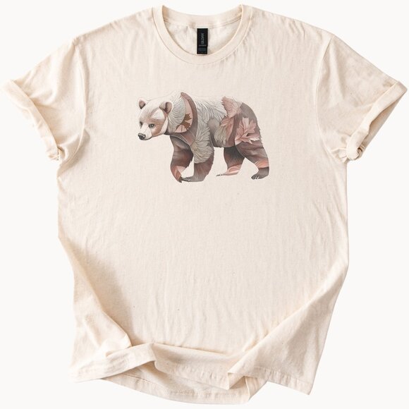 Bear Graphic Shirt Earth Tone Forest Animal Leaf Art Boho Style Fall Shirt - Picture 1 of 6